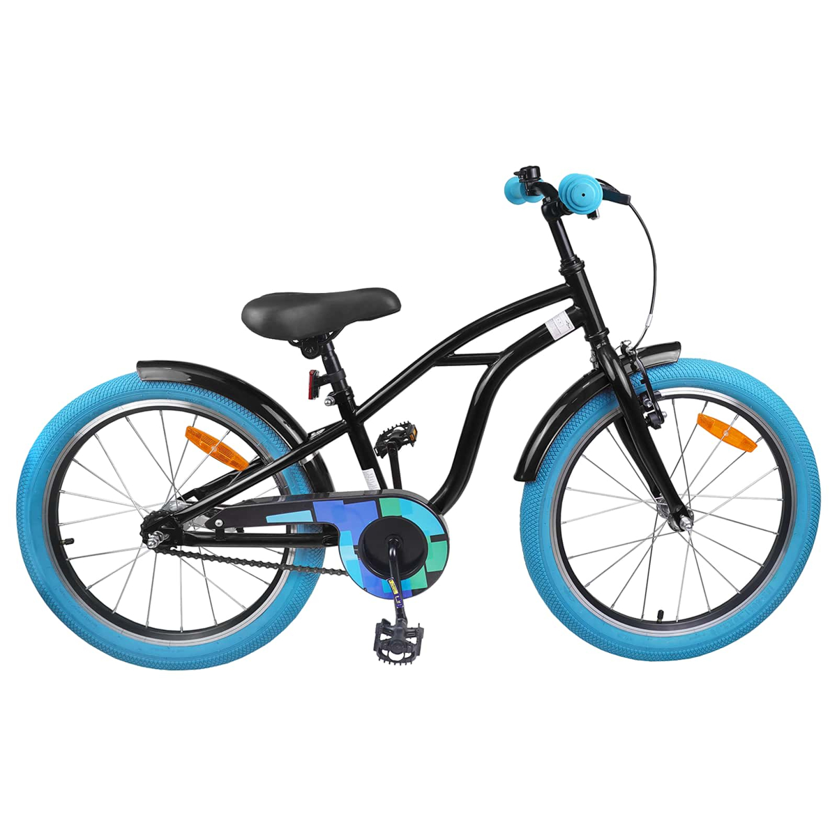 Schwarzes Fahrrad mit blauen Reifen und Lenker, weißen Speichen und schwarzem Sitz.