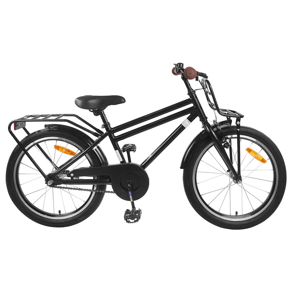 Ein schwarzes Fahrrad mit braunen Griffen, Gepäckträger vorne und hinten.