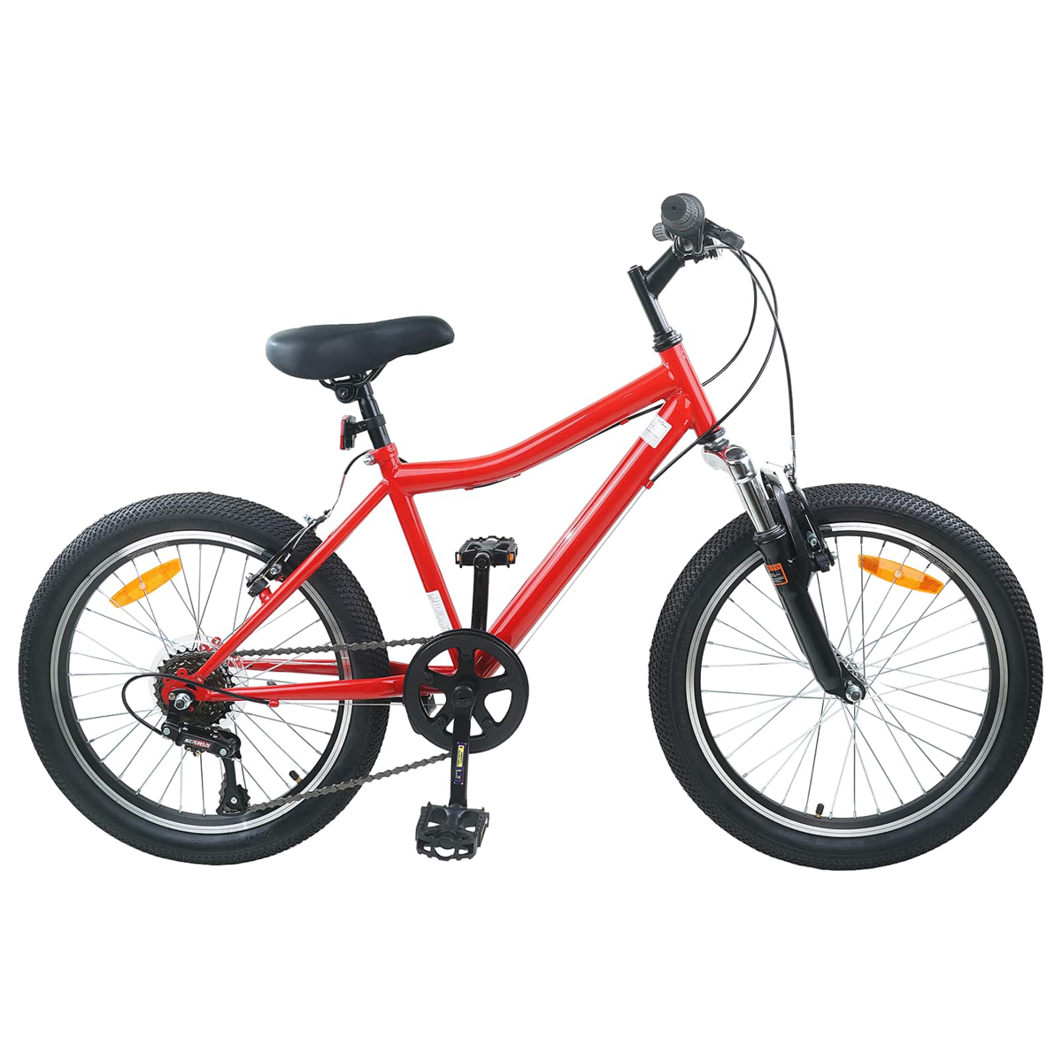 Ein rotes Kinderfahrrad mit schwarzen Reifen, Sattel und Pedalen auf weißem Hintergrund.