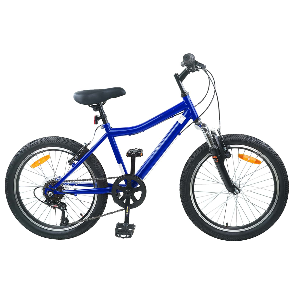 Ein blaues Fahrrad mit schwarzen Reifen und Felgen, auf weißem Hintergrund.