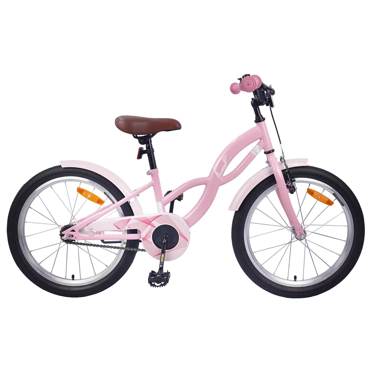 Ein rosafarbenes Kinderfahrrad mit braunem Sattel und schwarzen Reifen.