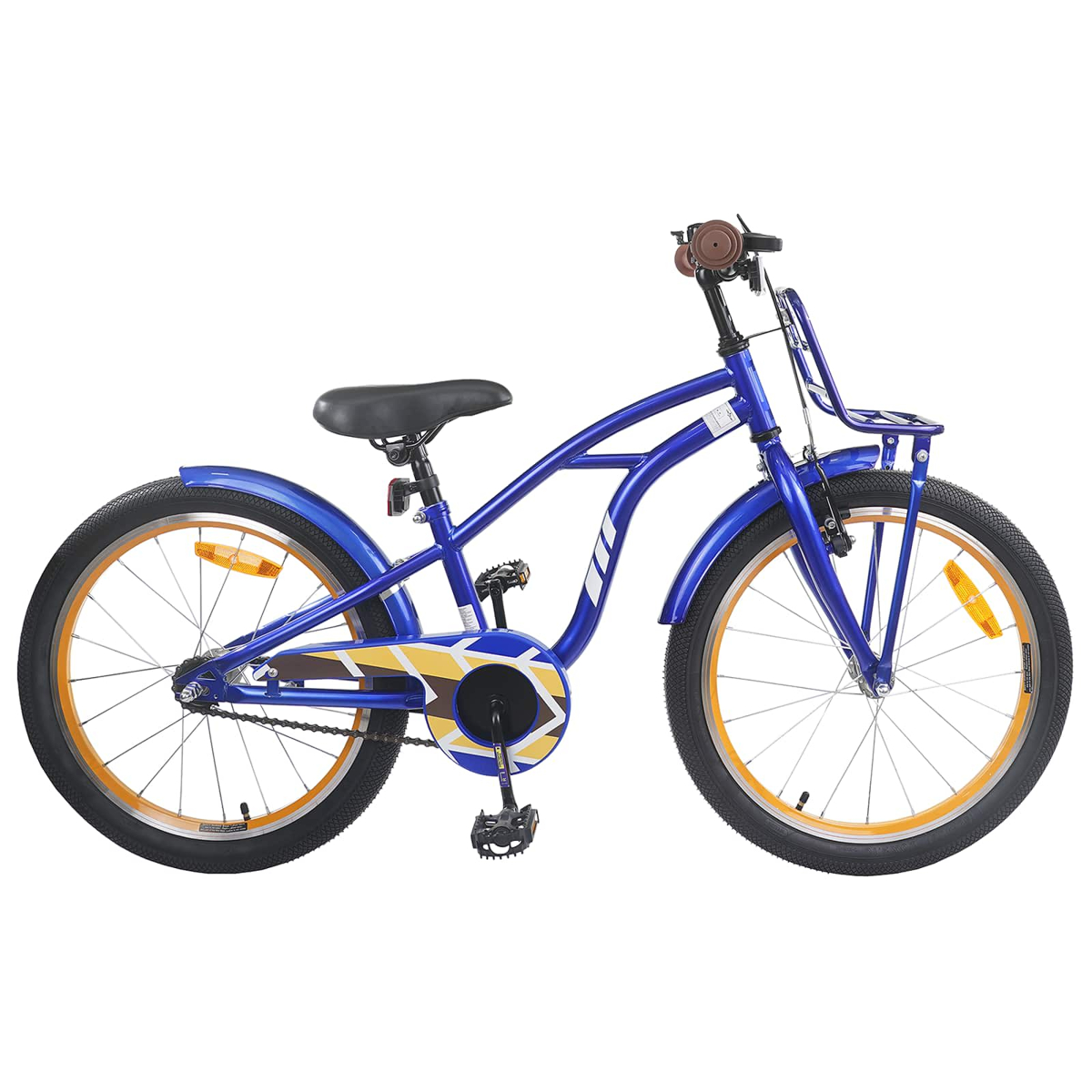 Ein blaues Fahrrad mit orangen Felgen und einem vorderen Korb, auf weißem Grund.