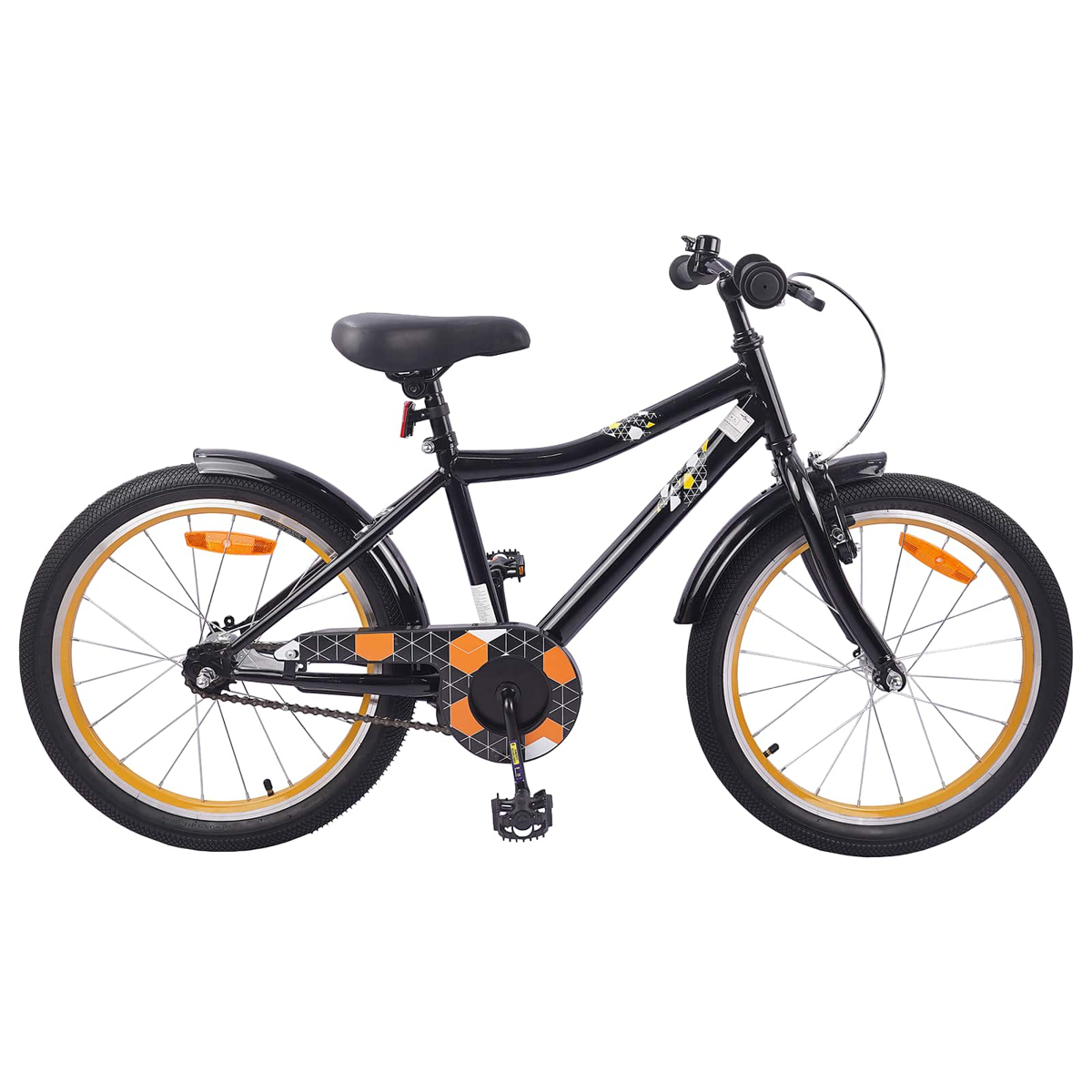 Ein schwarzes Kinderfahrrad mit orangefarbenen Felgen und geometrischem Muster.
