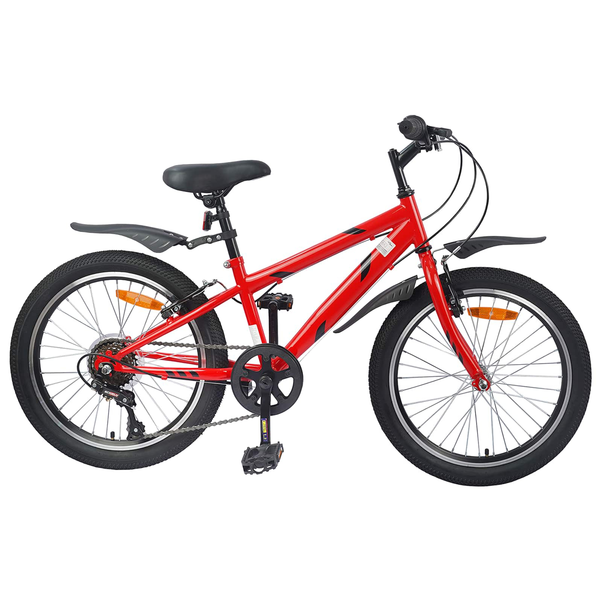 Ein rotes Fahrrad mit schwarzen Schutzblechen, einem schwarzen Sattel und schwarzen Rädern.
