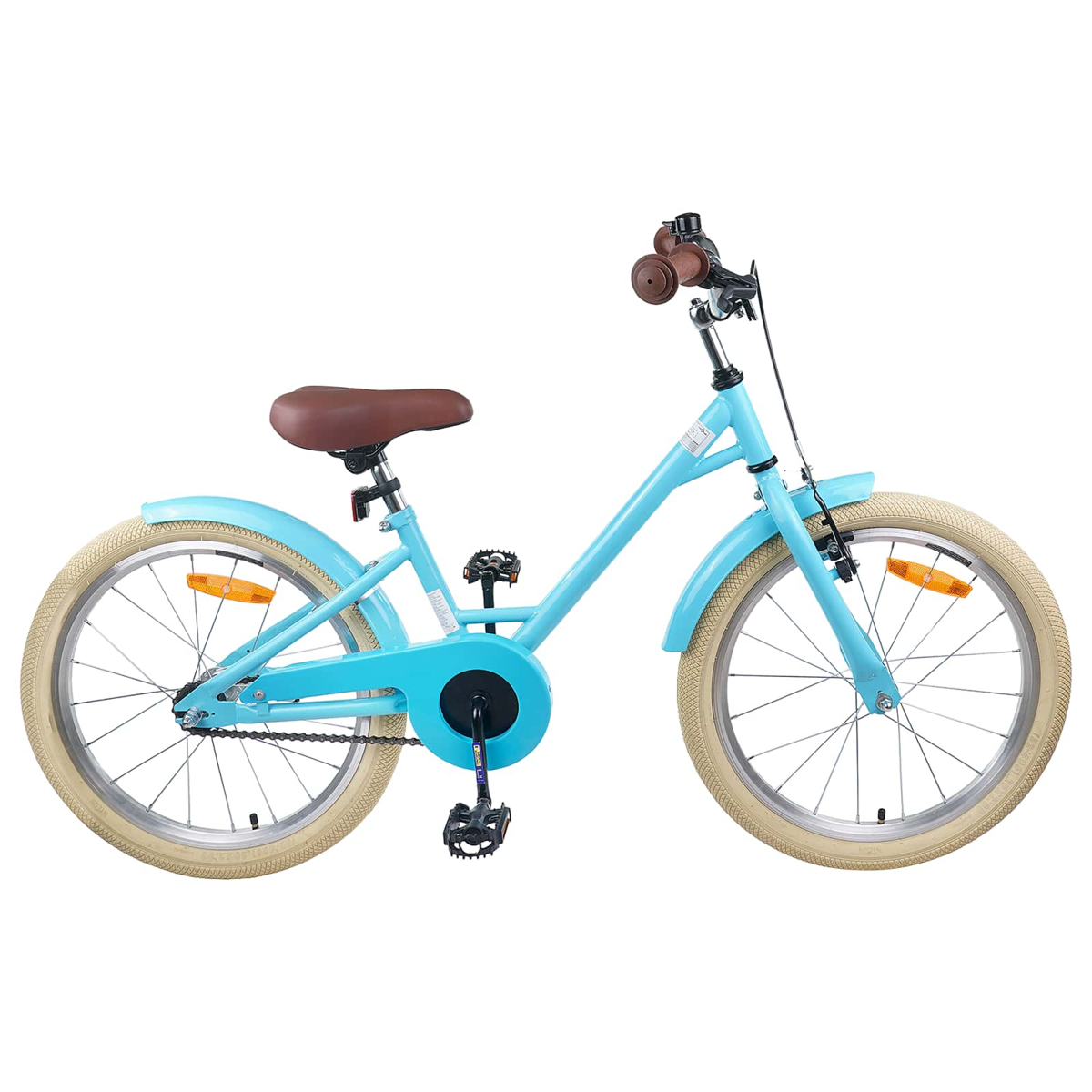 Ein hellblaues Kinderfahrrad mit braunem Sattel und Griffen, cremefarbenen Reifen.