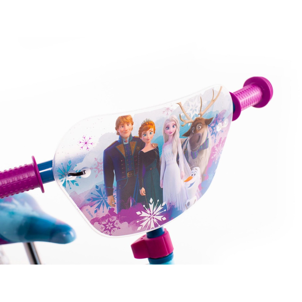 Kierownica roweru z postaciami z Krainy Lodu: Elsa, Anna, Kristoff, Sven i Olaf.