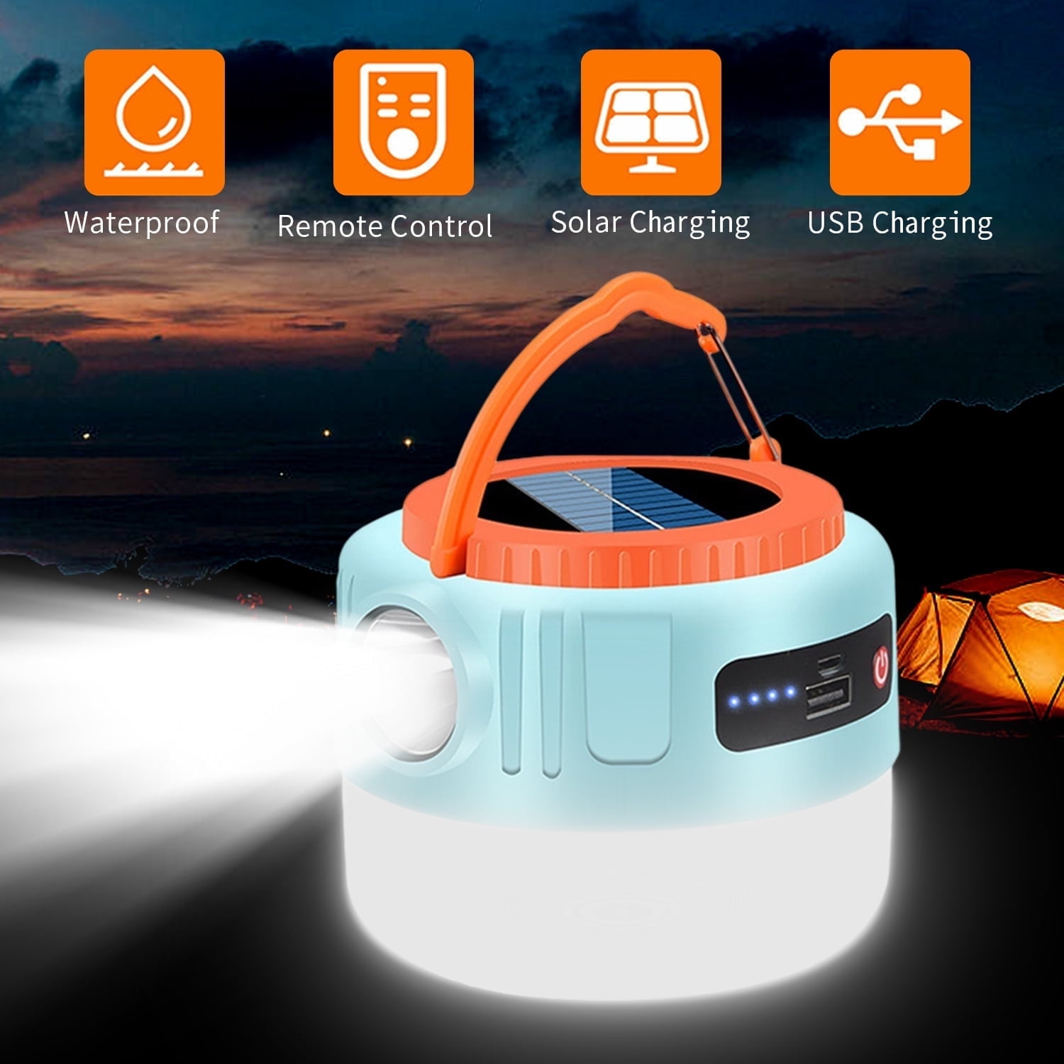 Laterne mit Solarmodul, USB-Anschlüssen und Lichtstrahl. Symbole: wasserdicht, Fernbedienung, Solar, USB.