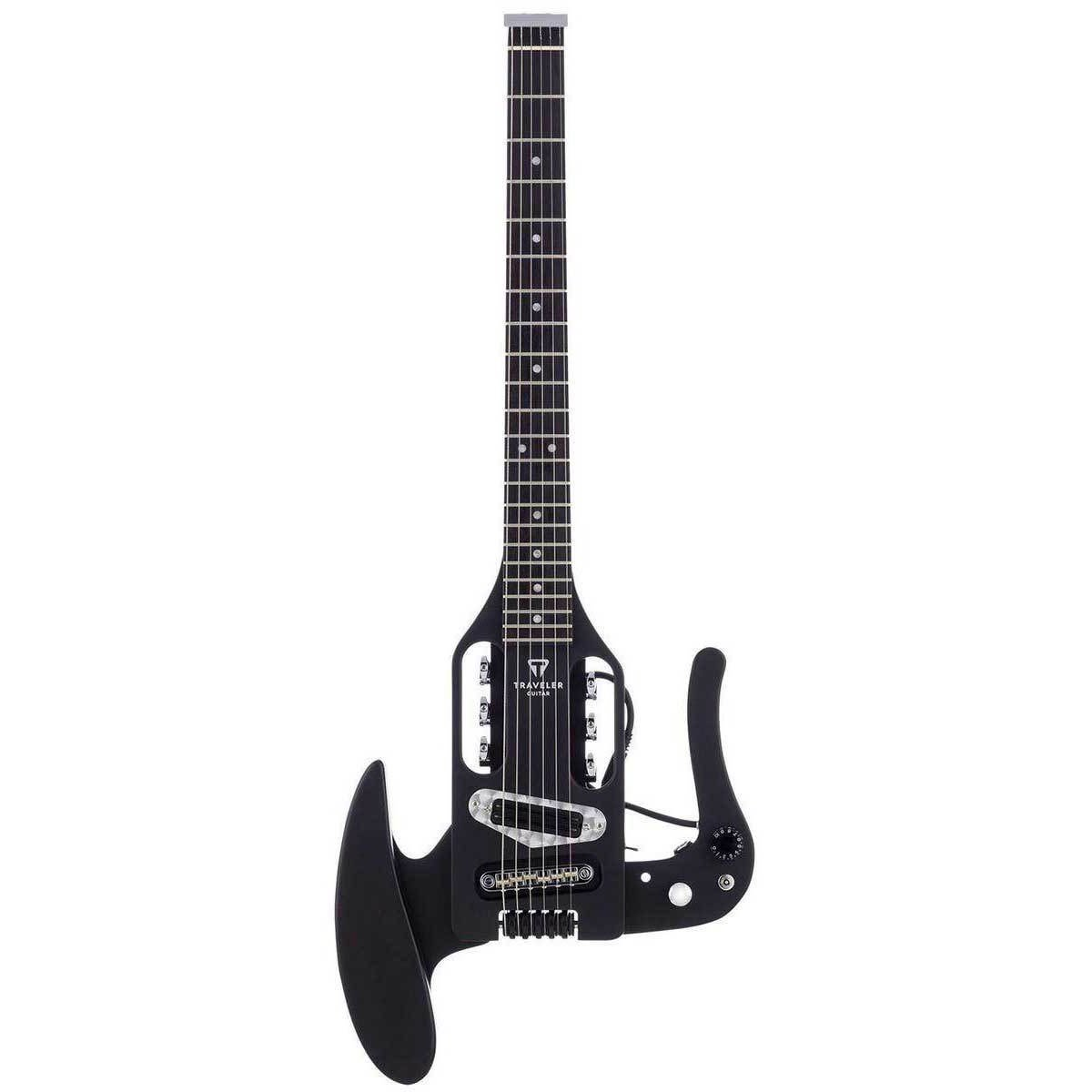 Kompakt gövdeli ve çıkarılabilir kanatlı siyah elektro gitar.