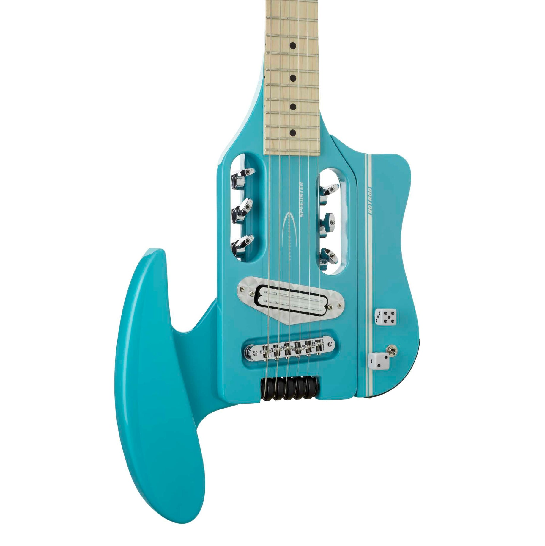 Gümüş akort burguları, telleri ve köprüsü olan turkuaz elektrik gitar.