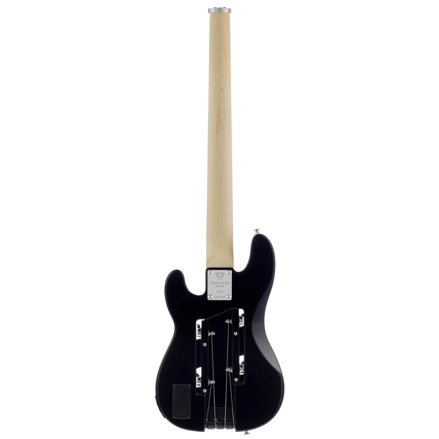 Gümüş tel tutucuları ve pil kutusu olan siyah elektro gitar sapının arka görünümü.