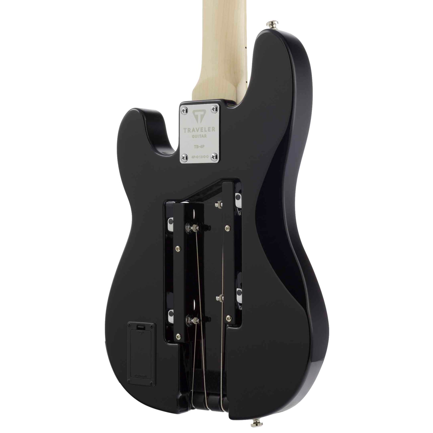 Açık renkli sapı ve gümüş donanımı olan siyah elektro gitarın arka görünümü.