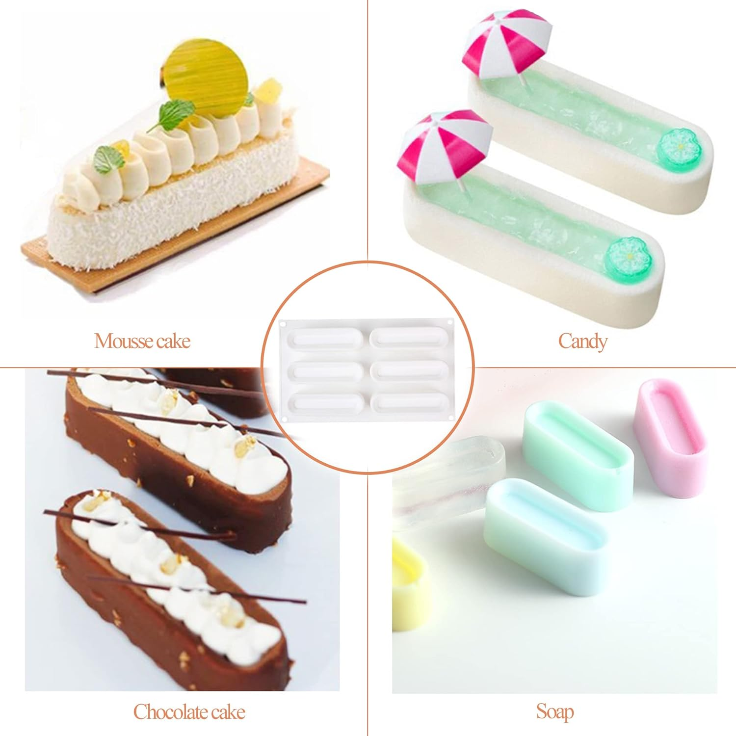 Vier Collagen: Mousse-Torte, Süßigkeiten, Schokoladenkuchen, Seifen.