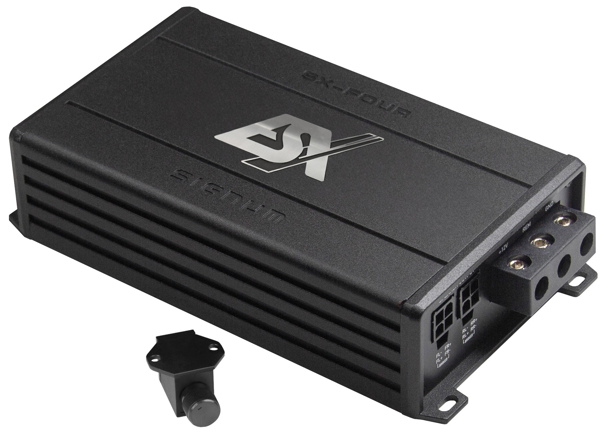 Schwarzer Verstärker mit silbernem Logo und Anschlüssen, daneben ein schwarzer Drehregler.