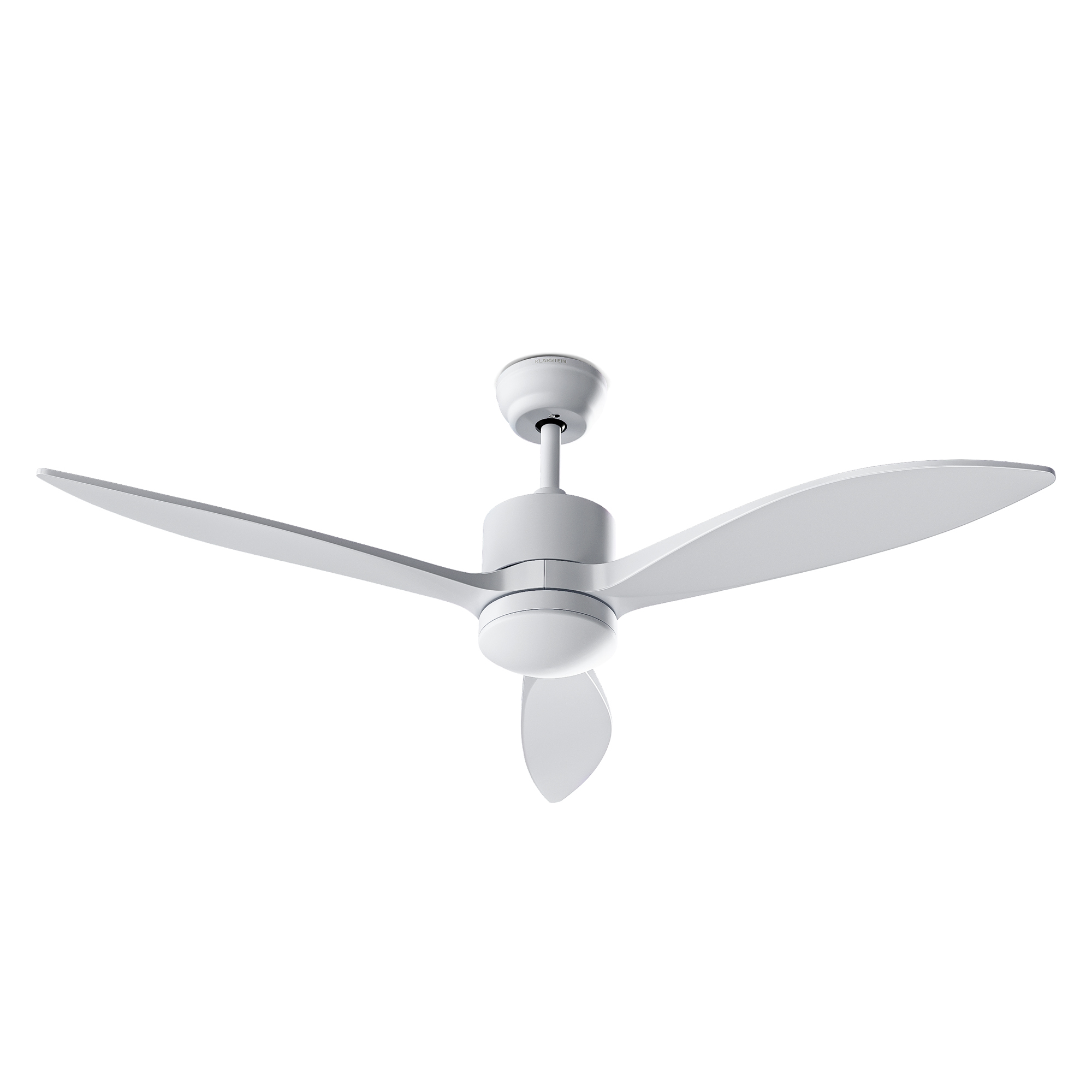 Ein weißer Deckenventilator mit drei Flügeln und integriertem Licht.