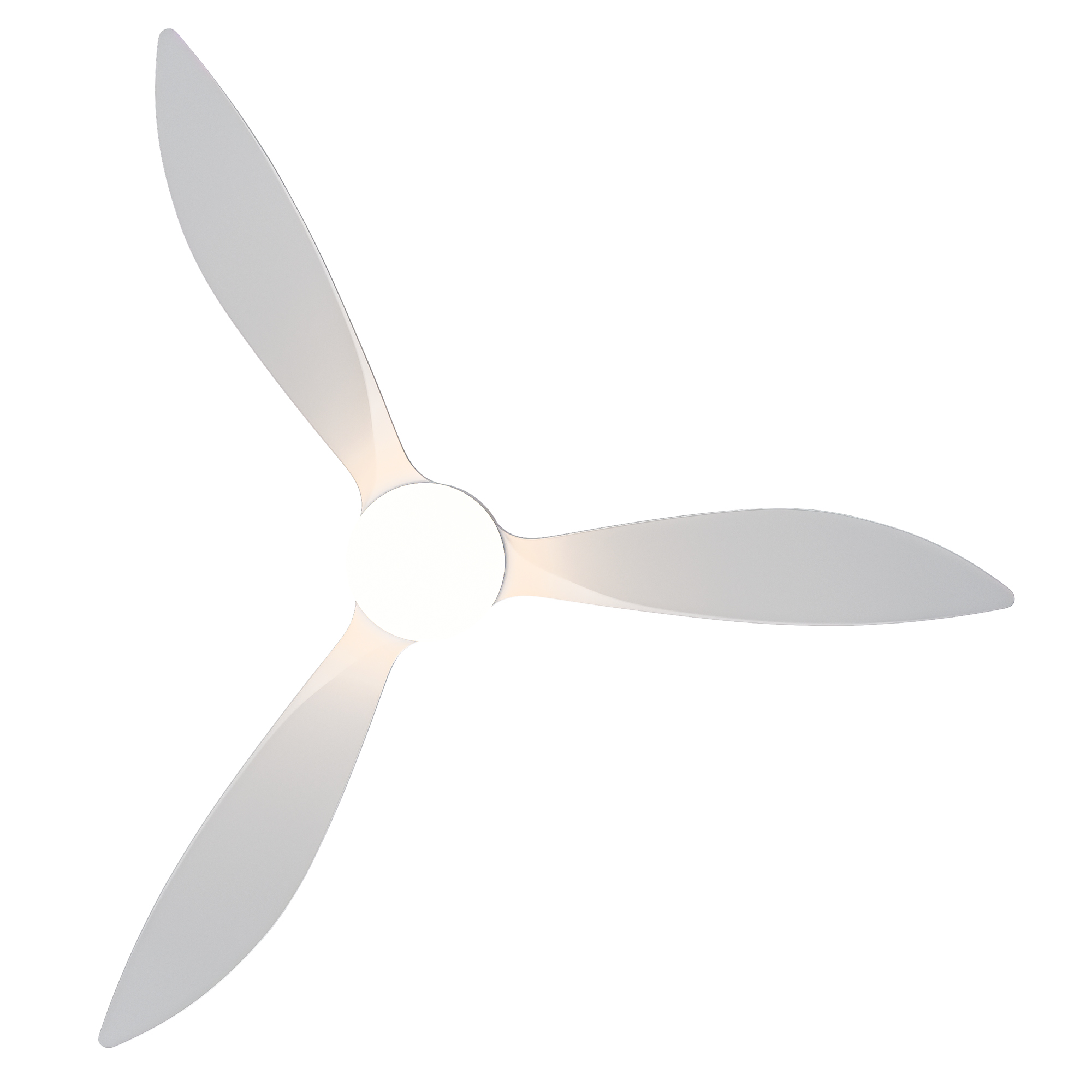 Ein weißer Deckenventilator mit drei schlanken, hellgrauen Rotorblättern.