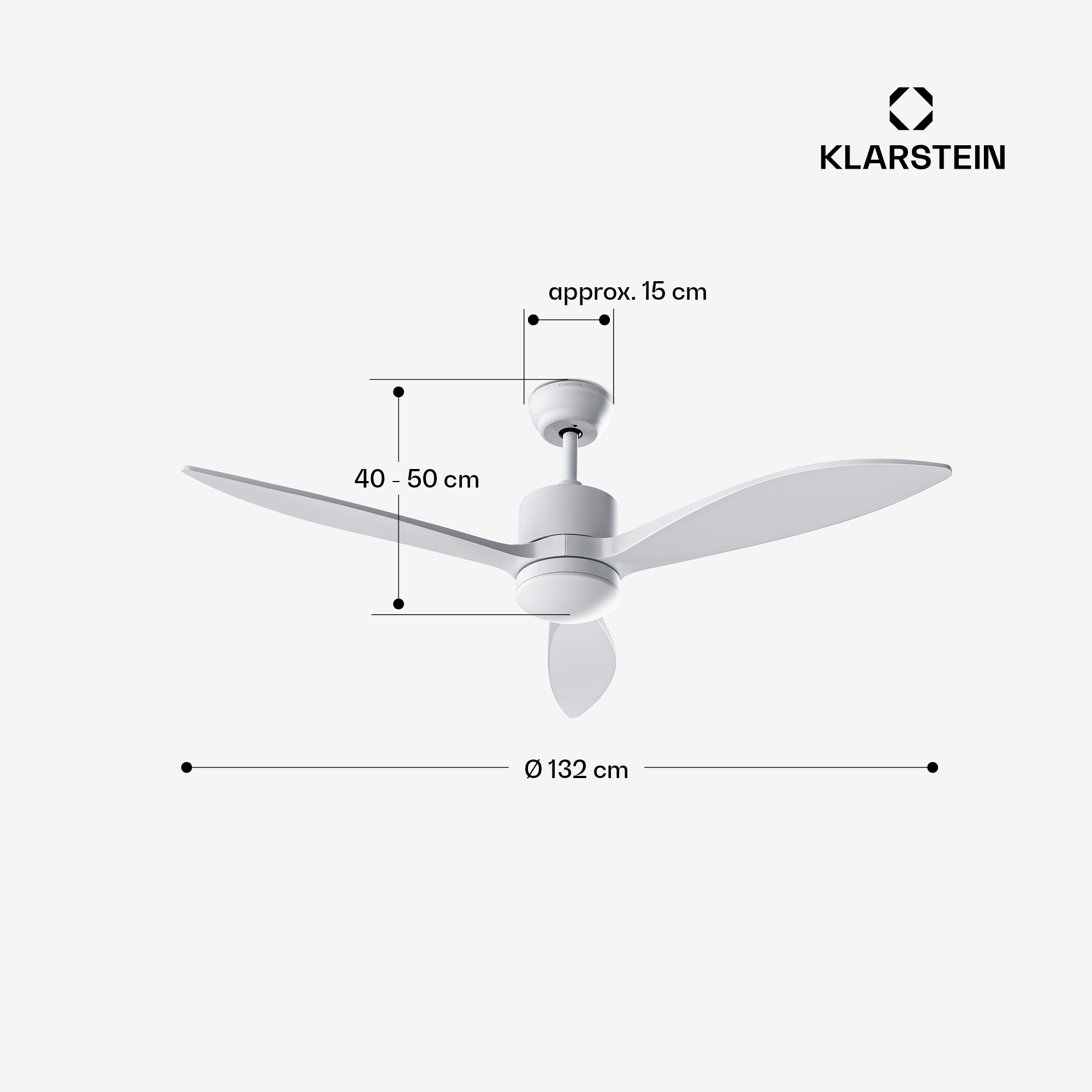Weiße Deckenventilator mit drei Flügeln, Durchmesser 132 cm.