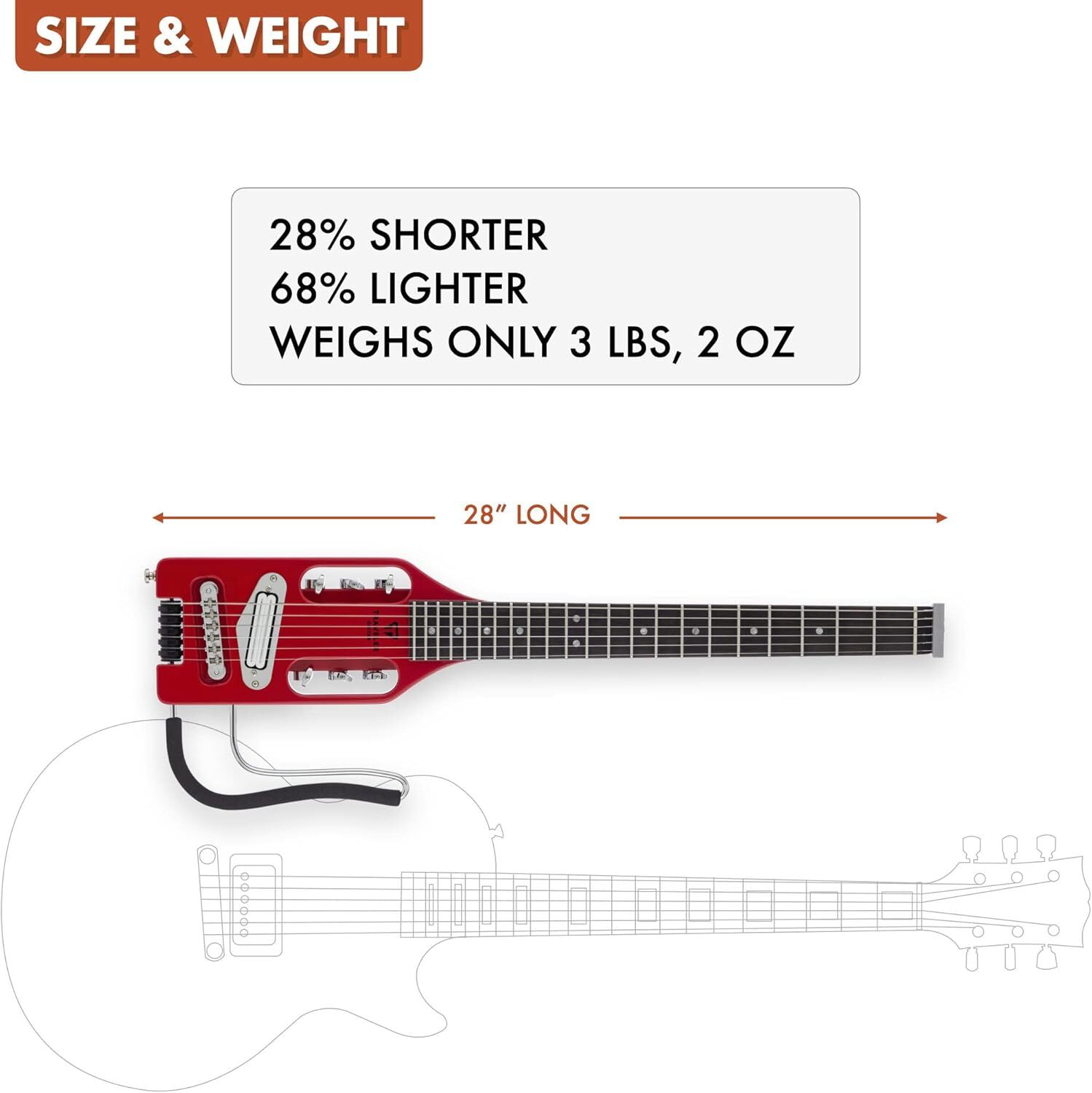 Kırmızı gitar, 28 inç uzunluğunda, %28 daha kısa, %68 daha hafif, 3 lb 2 oz ağırlığında.