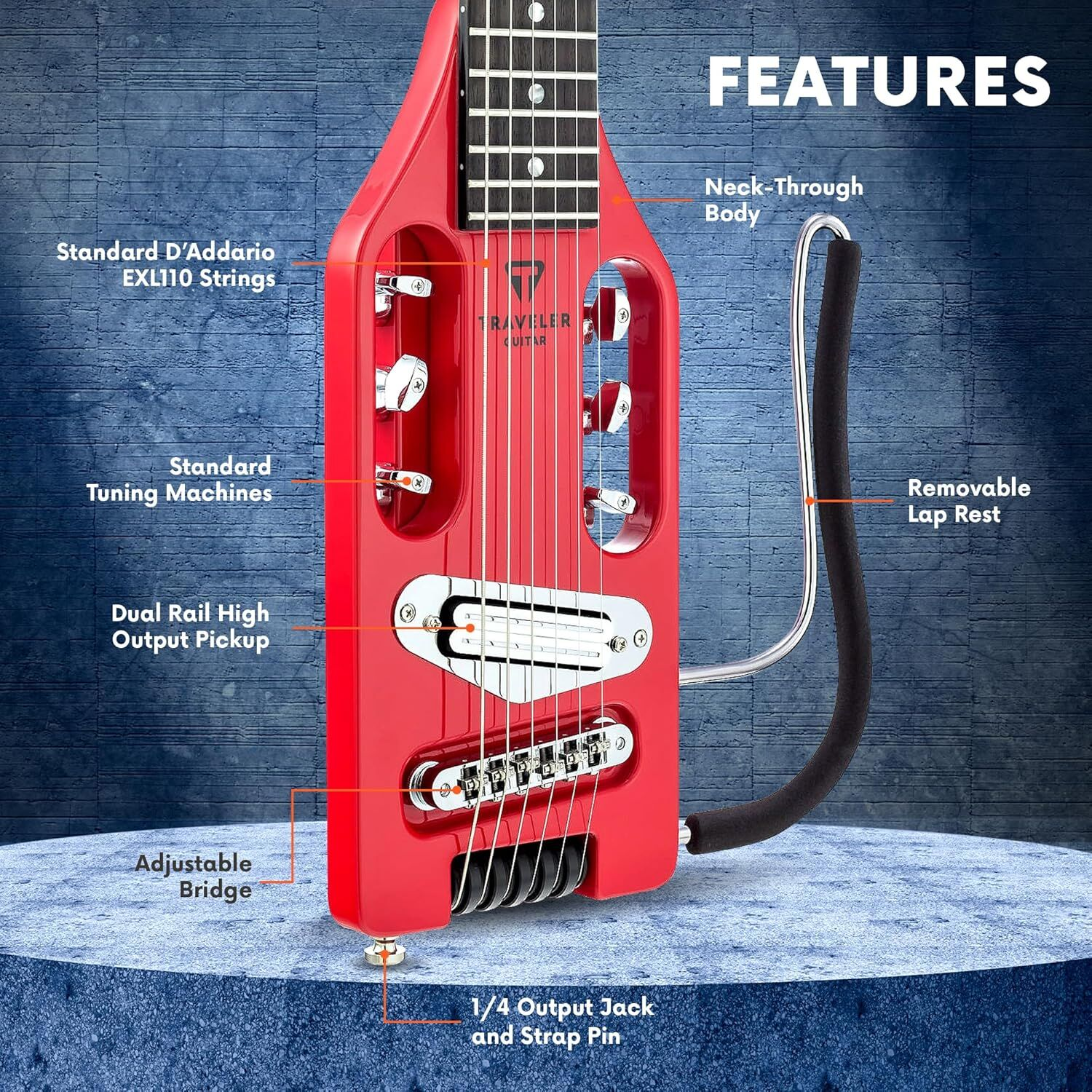 Çıkarılabilir diz desteği, sap-gövde geçme, çift manyetikli, ayarlanabilir köprülü kırmızı elektro gitar.