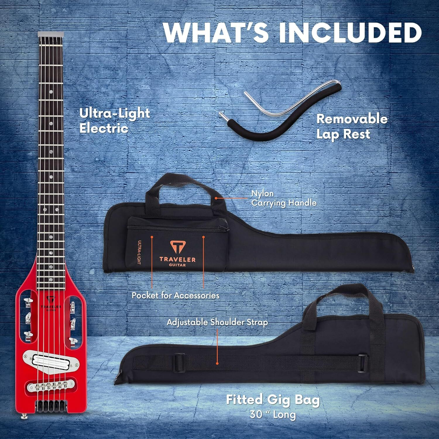 Aksesuarli kırmızı elektro gitar: kılıf, diz desteği, sap, askı.