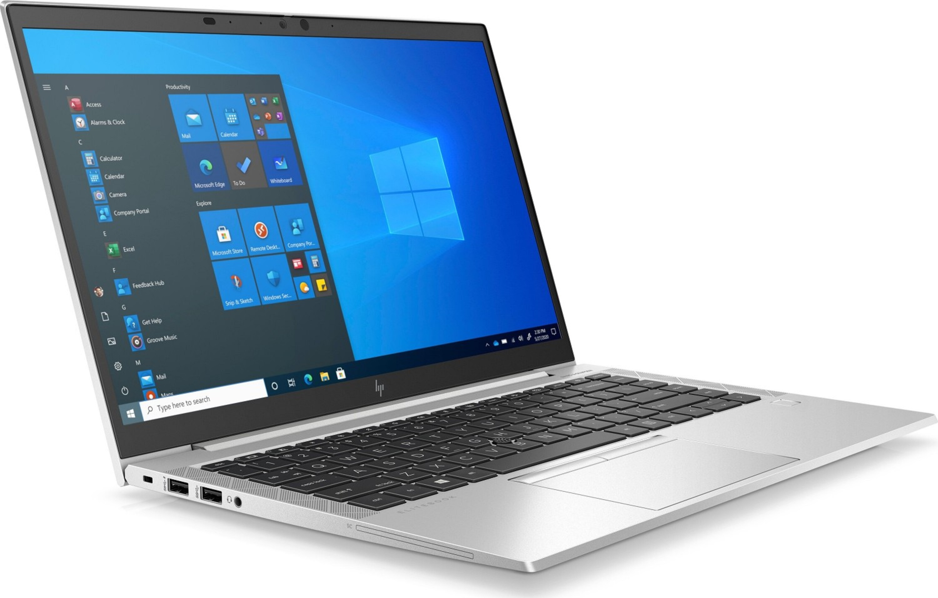 Ein silberner Laptop mit geöffnetem Bildschirm, der das Windows-Startmenü zeigt.
