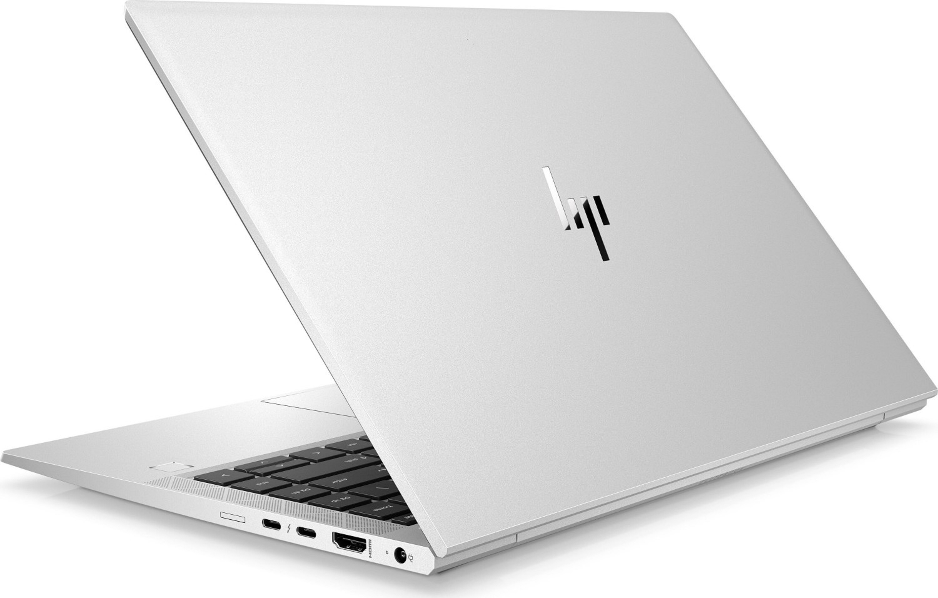 Ein offener silberner HP Laptop mit Tastatur, Anschlüssen und Logo.