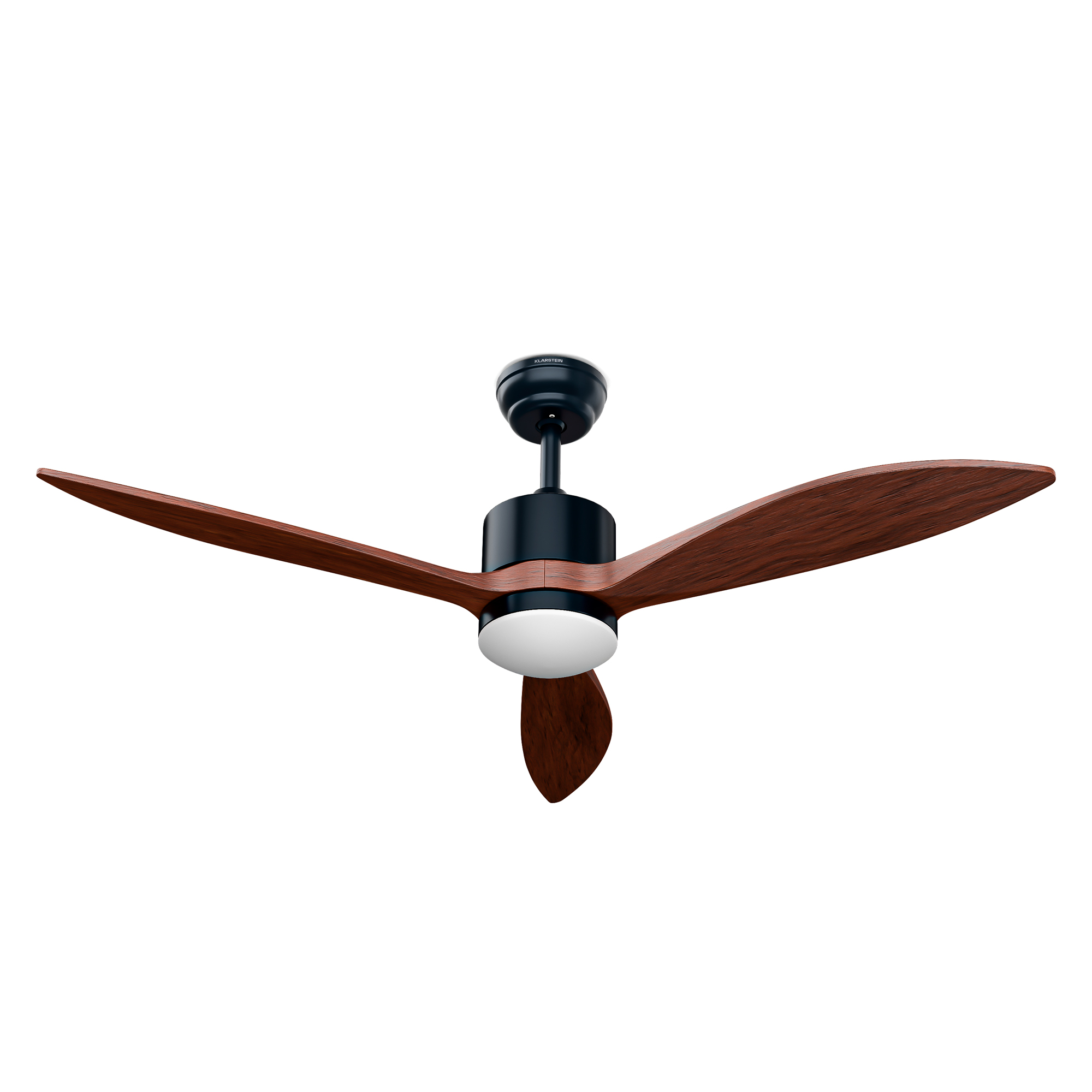 Schwarzer Deckenventilator mit drei Holztönen und integrierter Lampe.