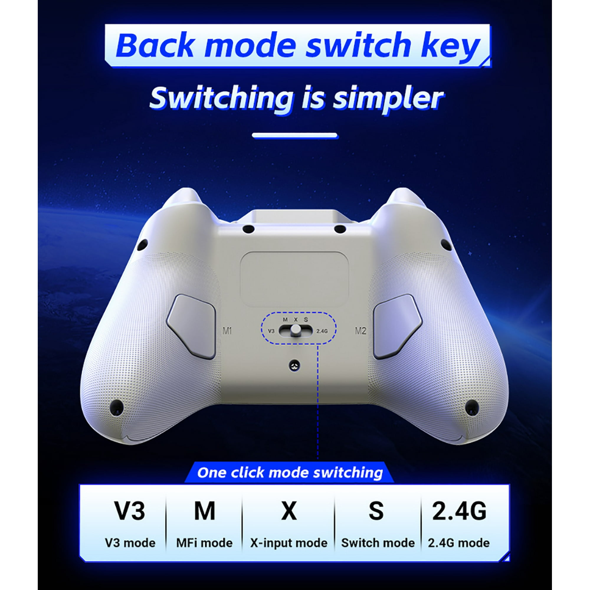 Weiße Rückansicht eines Gamecontrollers mit Modusschalter und Auflistung mehrerer Eingangsmodi.