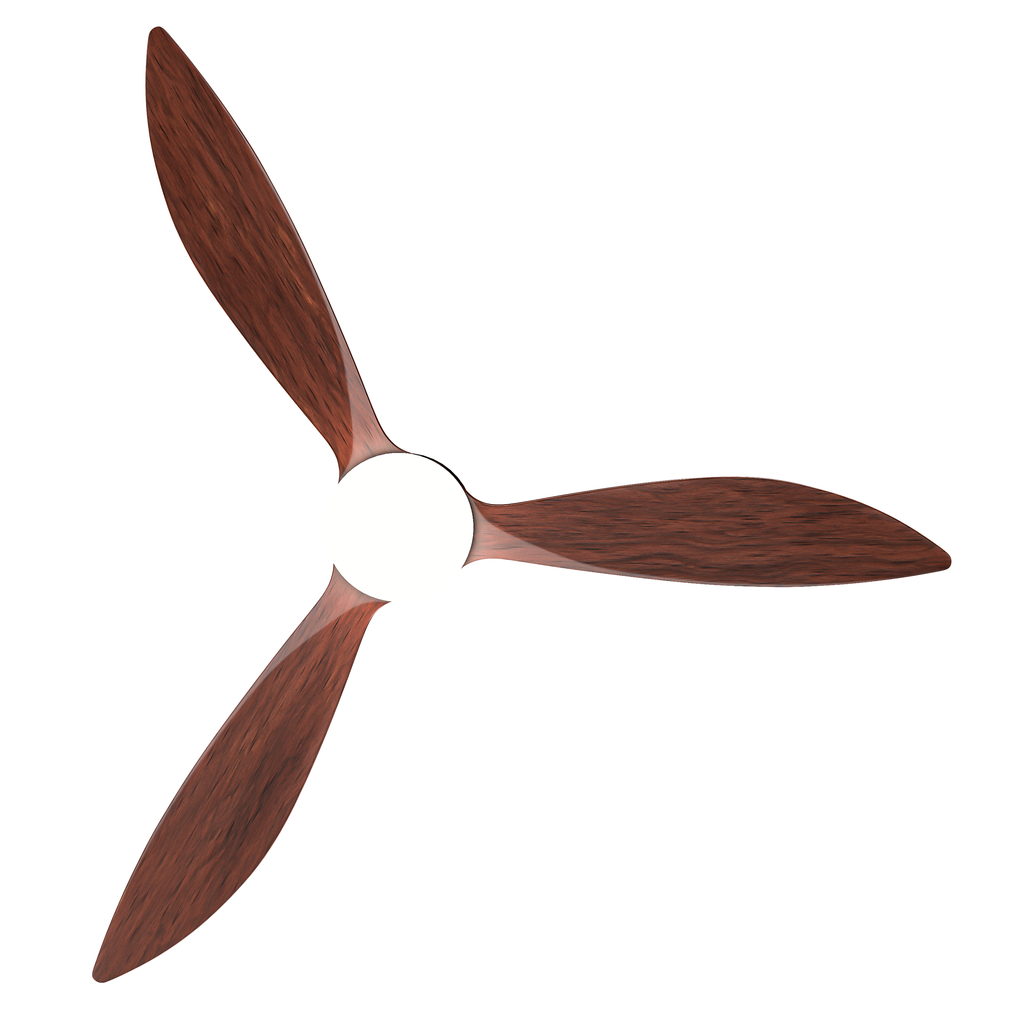 Ein Deckenventilator mit drei Holzblättern auf weißem Hintergrund.