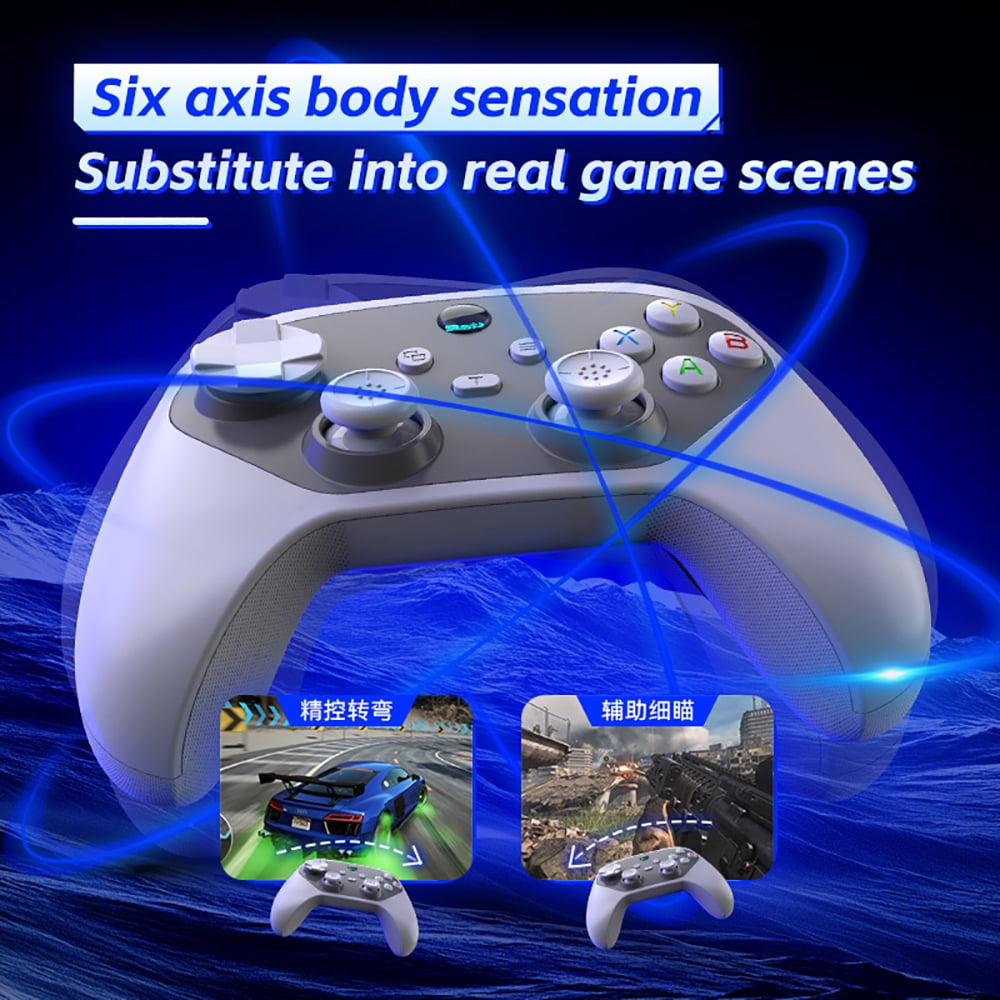 Ein weißer Controller mit blauen Lichtlinien auf einem blauen Hintergrund.