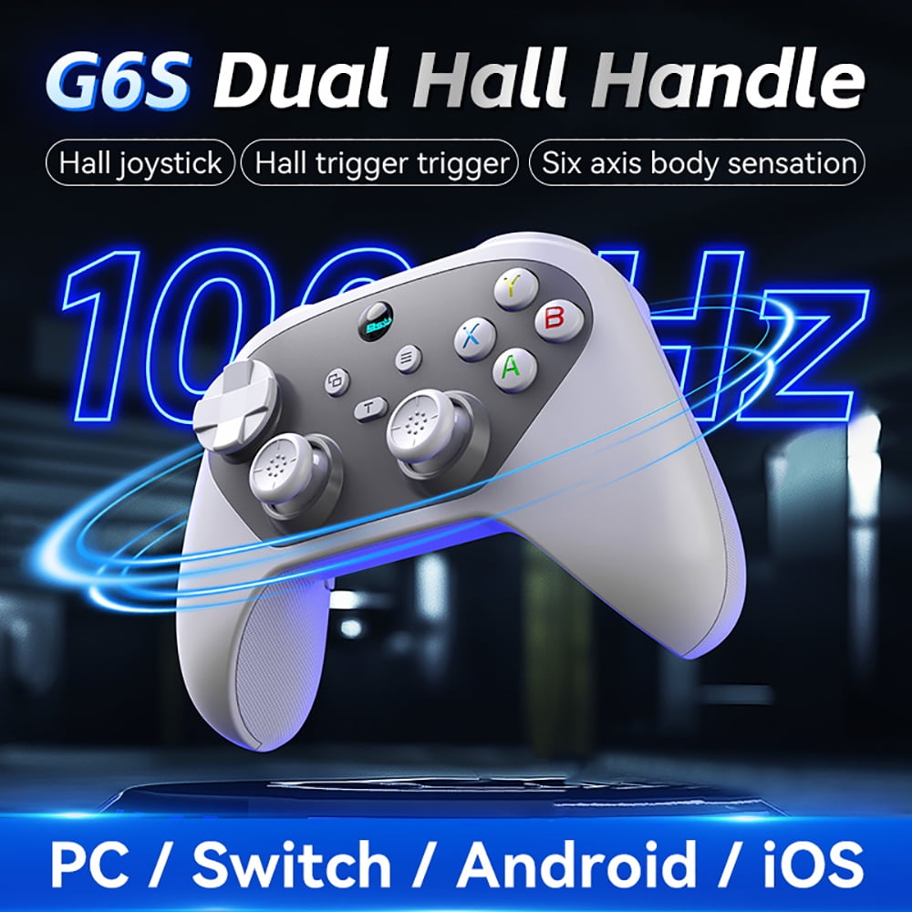 Ein weißer Gaming-Controller mit blauen Akzenten, der für PC, Switch, Android und iOS wirbt.