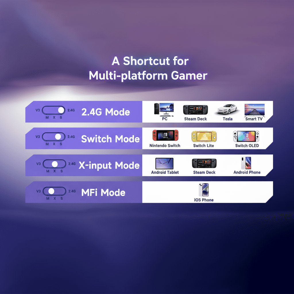 Grafik zeigt Modi für Gamer: 2.4G, Switch, X-input, MFi mit Geräten.