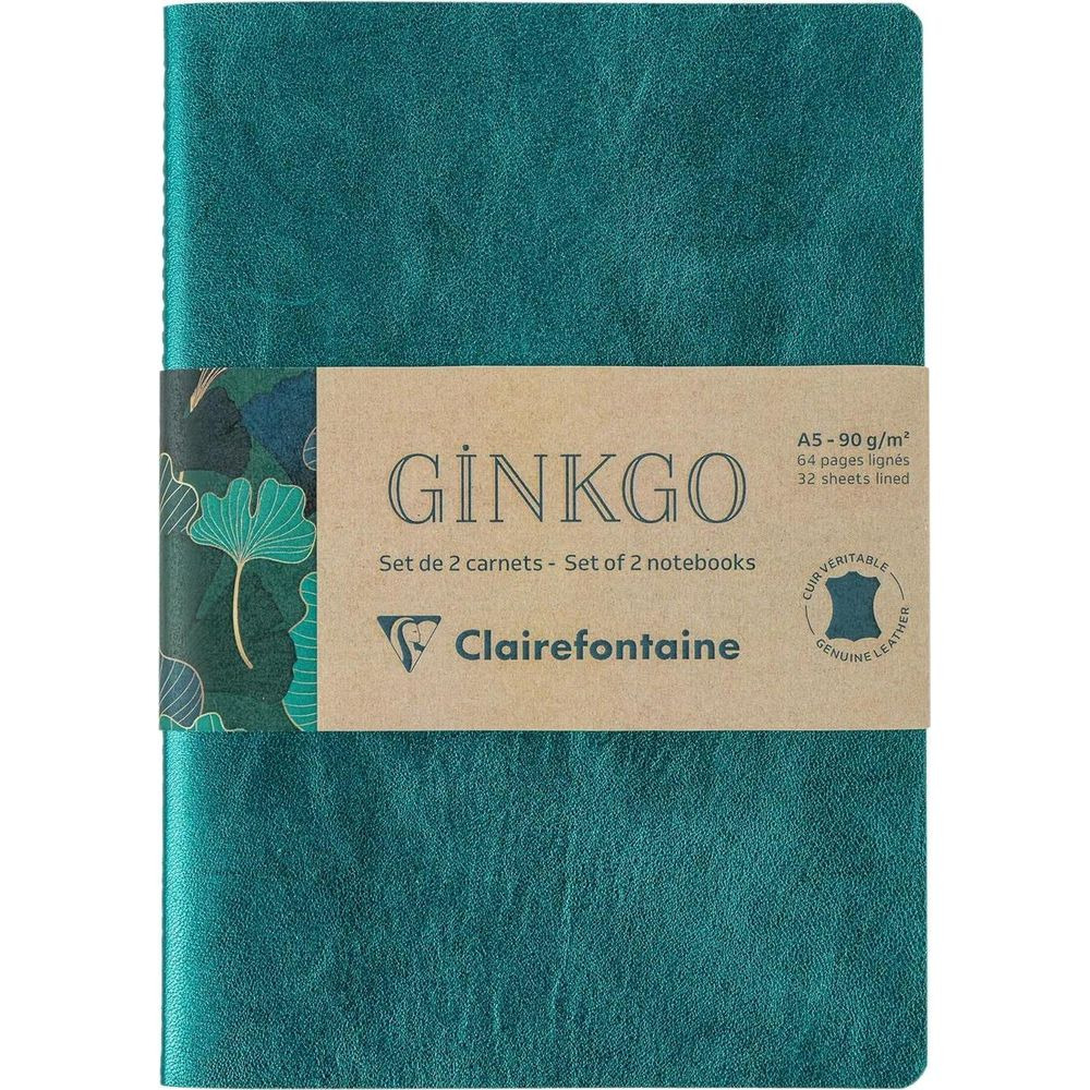 Türkise Ginko Notizbücher mit goldener Schrift und botanischem Band.