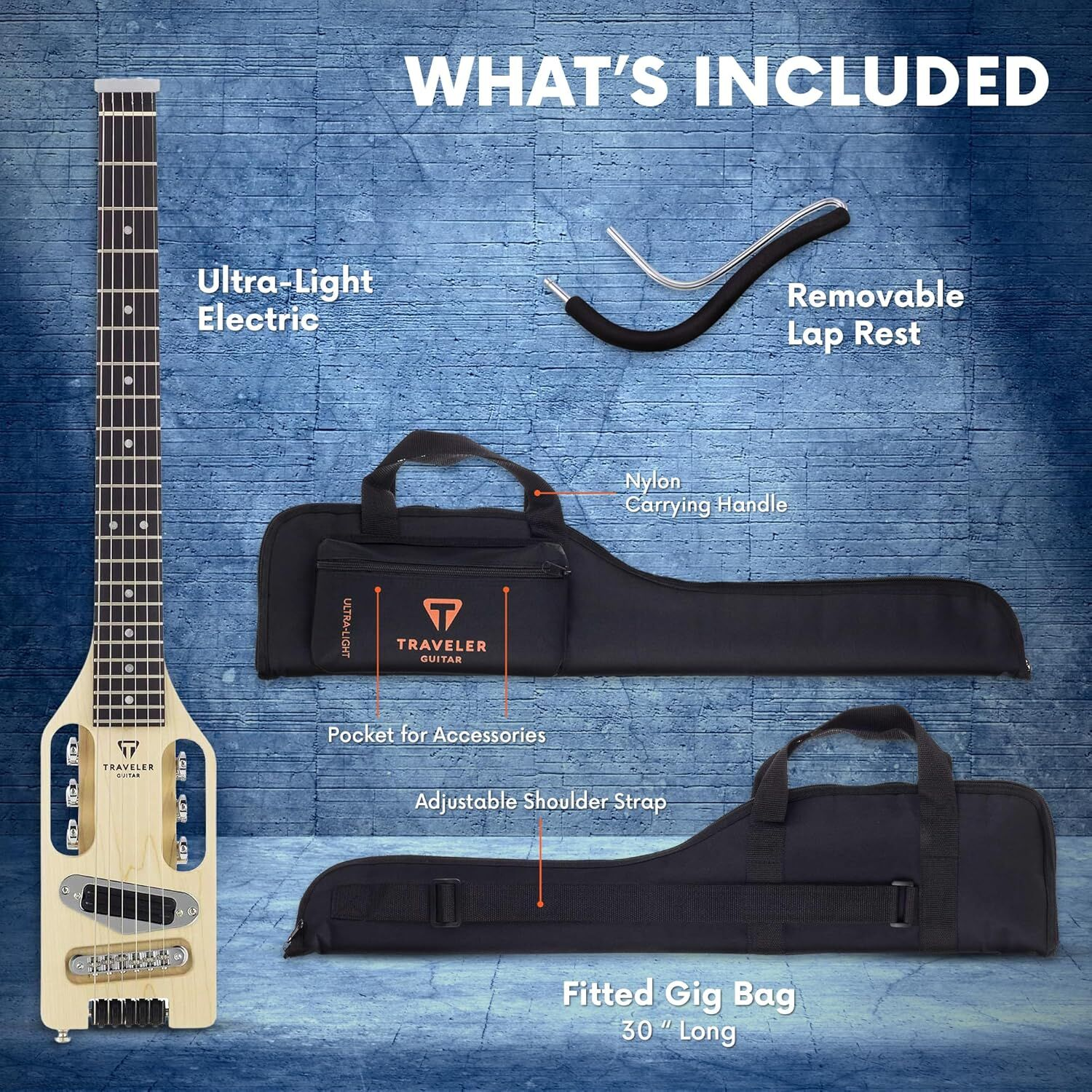 Ultra hafif elektro gitar, çanta, diz desteği ve aksesuarları içerir.
