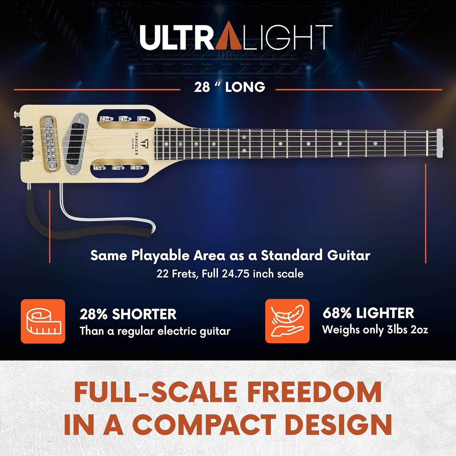 Ultra hafif elektro gitar, 28 inç uzunluğunda, tam çalınabilir alanlı ve 22 perdelidir.