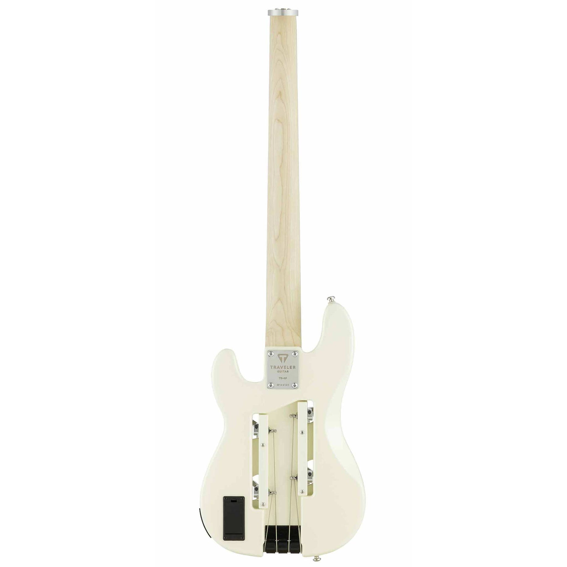 Açık renk ahşap sapa ve gümüş burguya sahip beyaz bir seyahat gitarının arka görünümü.