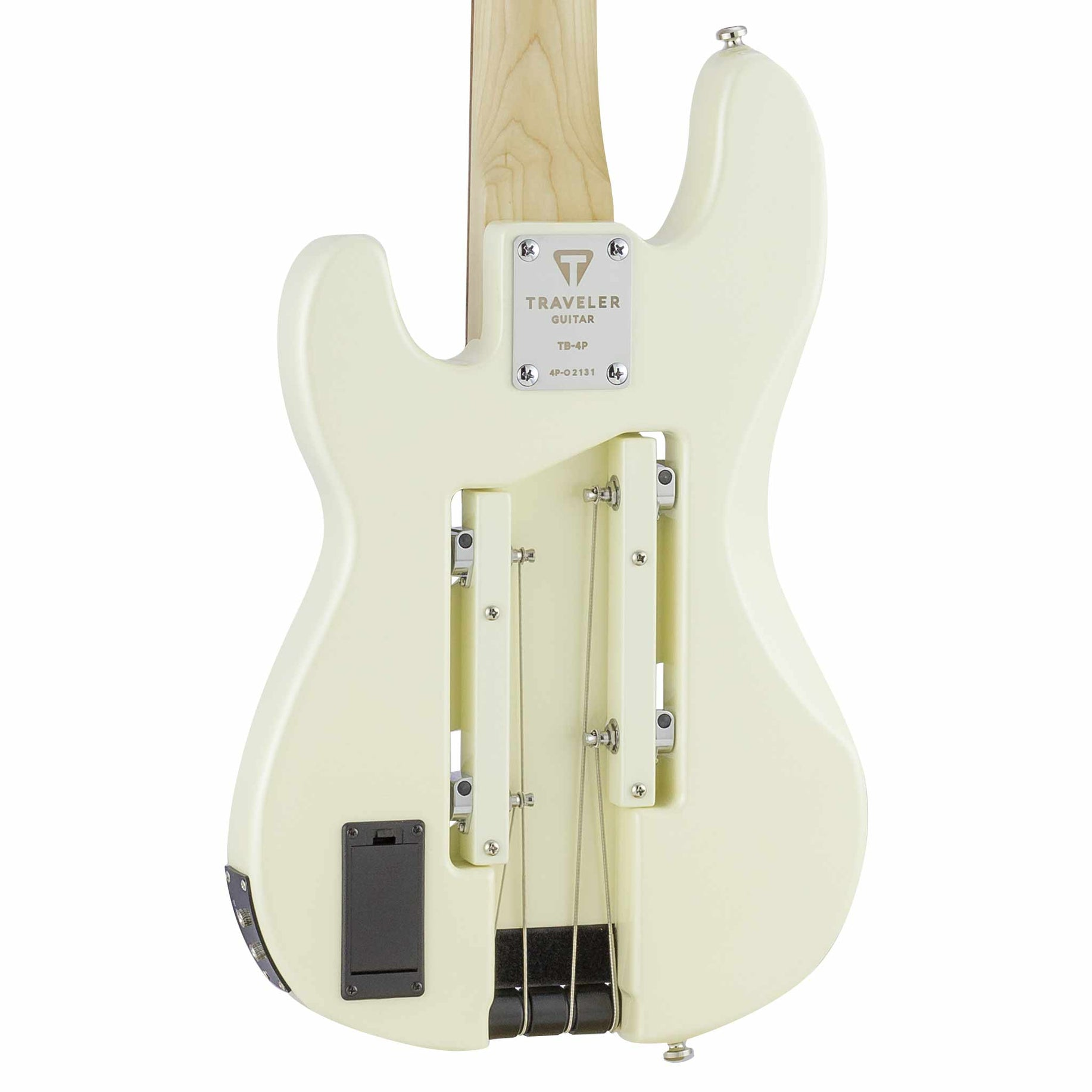 Boyun, teller ve pil bölmesi görünen beyaz elektro gitarın arka görünümü.
