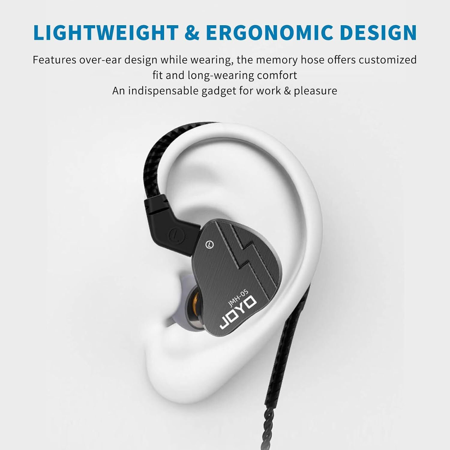 Beyaz kulak modelinde siyah JOYO JMH-05 kulak içi kulaklık. Hafif ve ergonomik.
