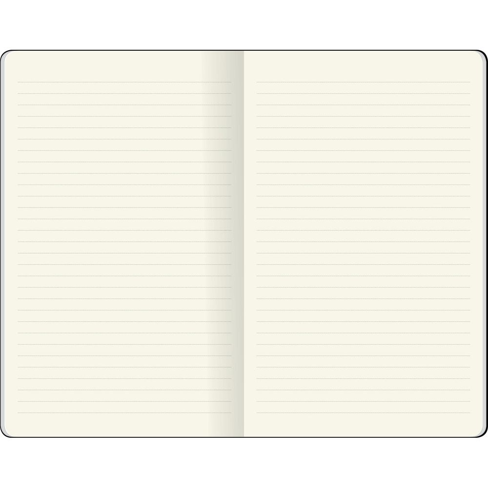 Ein aufgeschlagenes Notizbuch mit cremefarbenen, linierten Seiten.