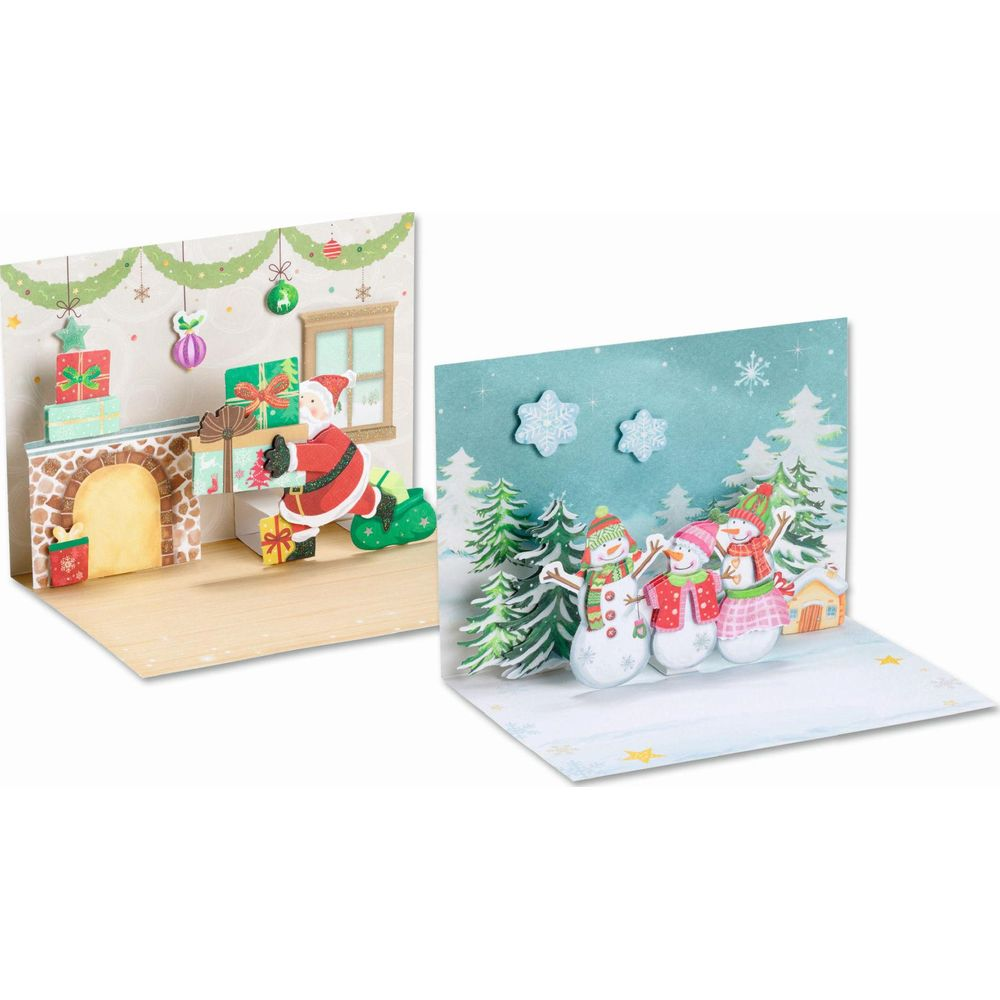 Zwei Pop-up-Karten: Nikolaus mit Geschenken und Schneemannfamilie im Schnee.