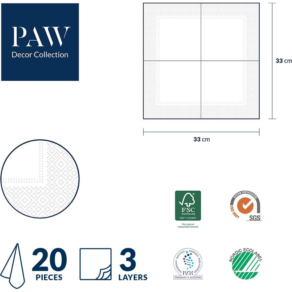 PAW Decor Collection: 33cm x 33cm quadratische Servietten, 20 Stück, 3 Lagen. Zertifizierungen: FSC, ISO 9001, PZH, Nordic Ecolabel.