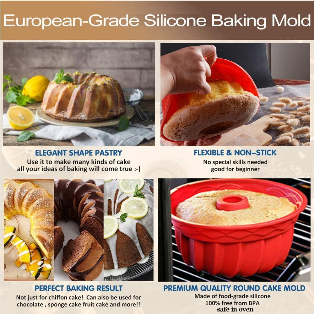 Silikonbackform mit Kuchen: Bundt, Spiralen und runde Formen. Oberer Text: Europäische Silikonbackform.