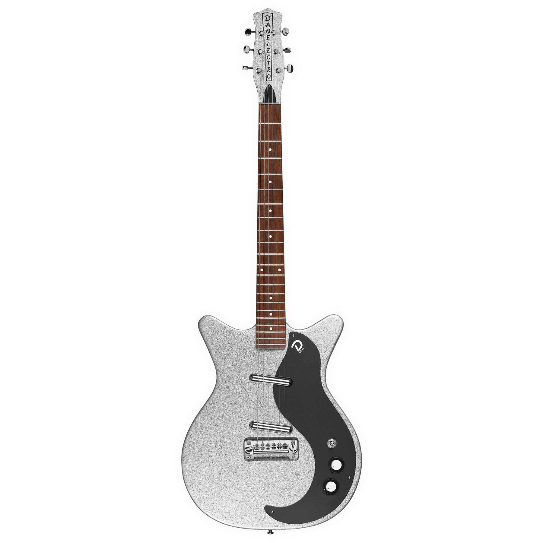 Gümüş rengi, siyah yin-yang pena korumalı ve kahverengi klavyeli elektro gitar.