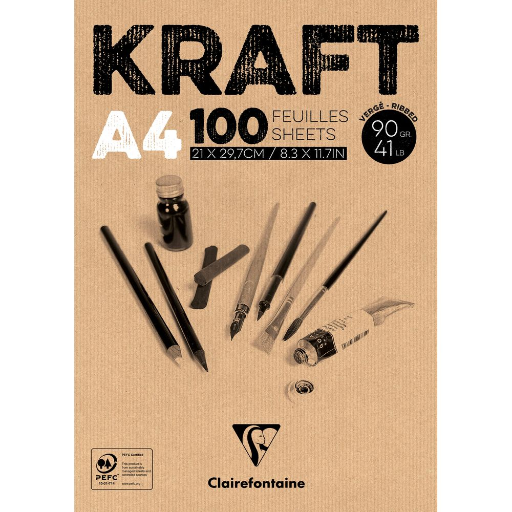 Kraft A4 100 Blatt Papier mit Schreibutensilien: Tinte, Stifte, Pinsel, Farbe.