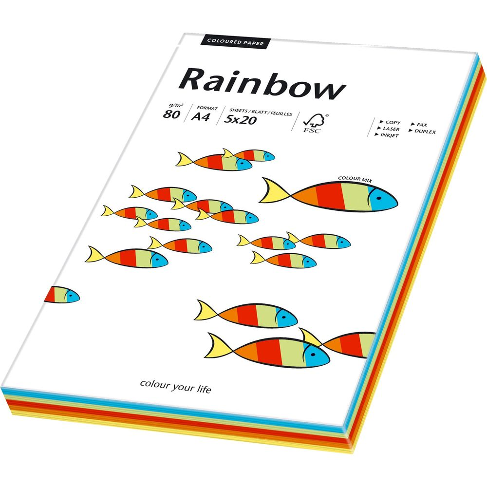 Ein Stapel farbiges Papier mit "Rainbow"-Logo und bunten Fischillustrationen.