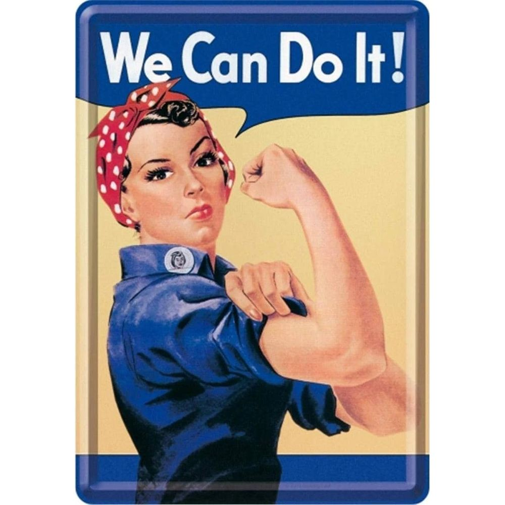 Rosie the Riveter, eine Frau in einem blauen Hemd und rotem Kopftuch, beugt ihren Bizeps.