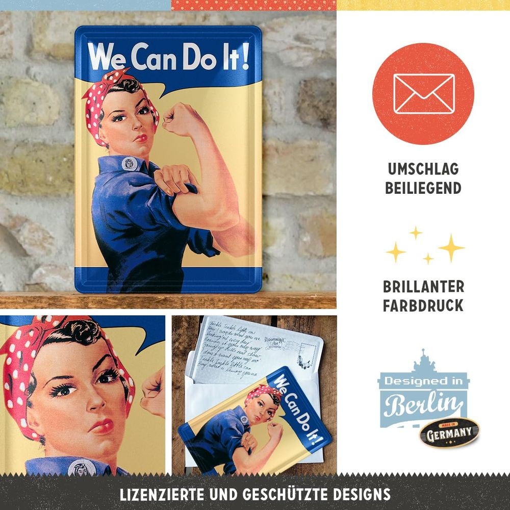 Rosie the Riveter "We Can Do It!" Schild mit Umschlag und Druckdetails.