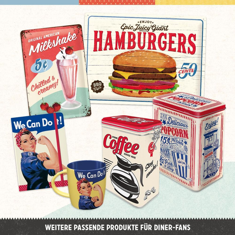 Vintage-Diner-Deko: Milkshake, Hamburger, Kaffee, Popcorn-Dose, Tasse, Poster.