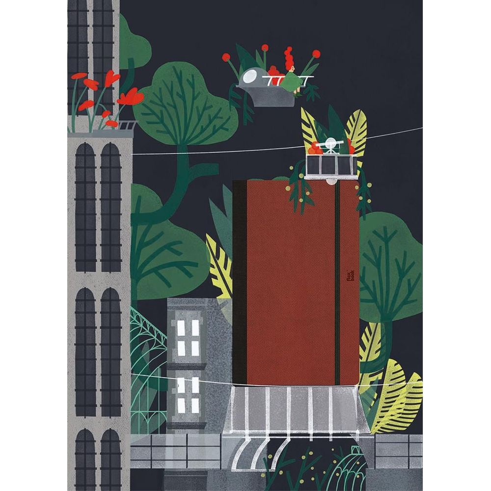 Illustration von Gebäuden, Bäumen und Blumen auf dunklem Hintergrund.