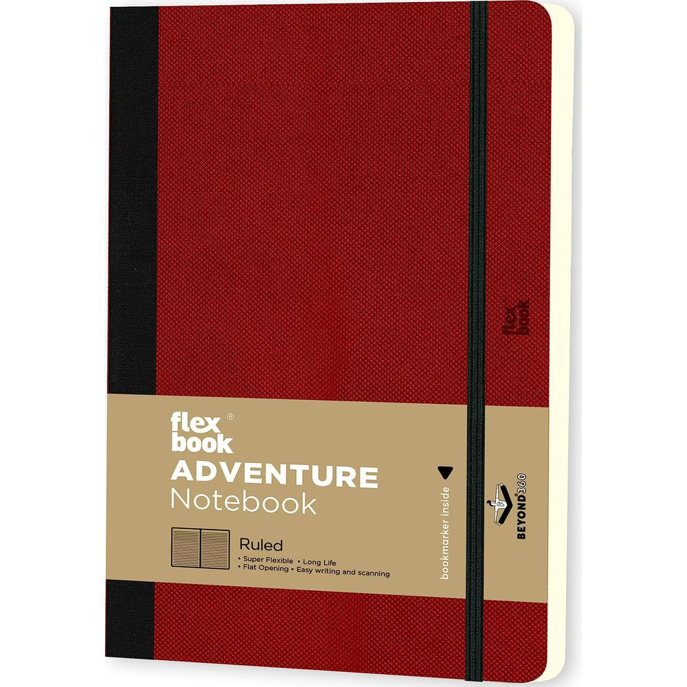 Rotes Notizbuch mit schwarzem Gummiband und Aufdruck: Flexbook Adventure Notebook.