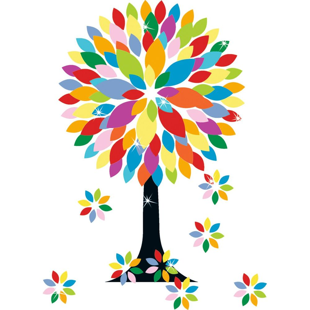 Ein bunter Baum mit vielen bunten Blättern und Blüten auf weißem Hintergrund.